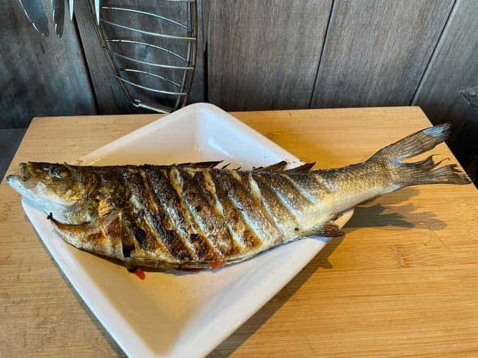 gegrilde zeebaars op een bord gevuld met groente