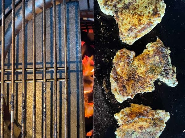 kippendijen grillen op een speksteen in een kamado barbecue