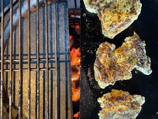 kippendijen grillen op een speksteen in een kamado barbecue