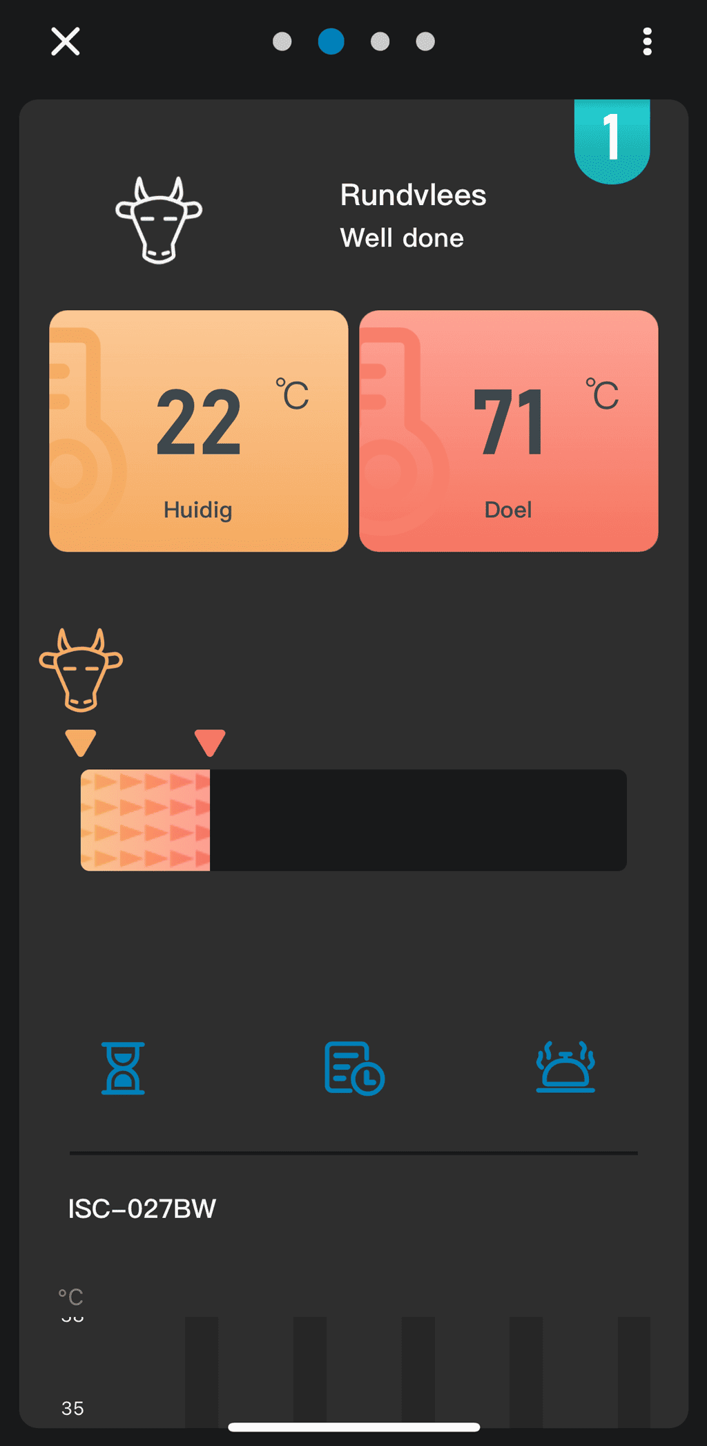 Een screenshot uit de Inkbird app met daarin de huidige- en doeltemperatuur van een rundvlees product